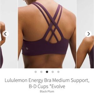 NEW with tags! Lululemon Energy Bra Medium Support, B-D Cups *Evolve Black Plum